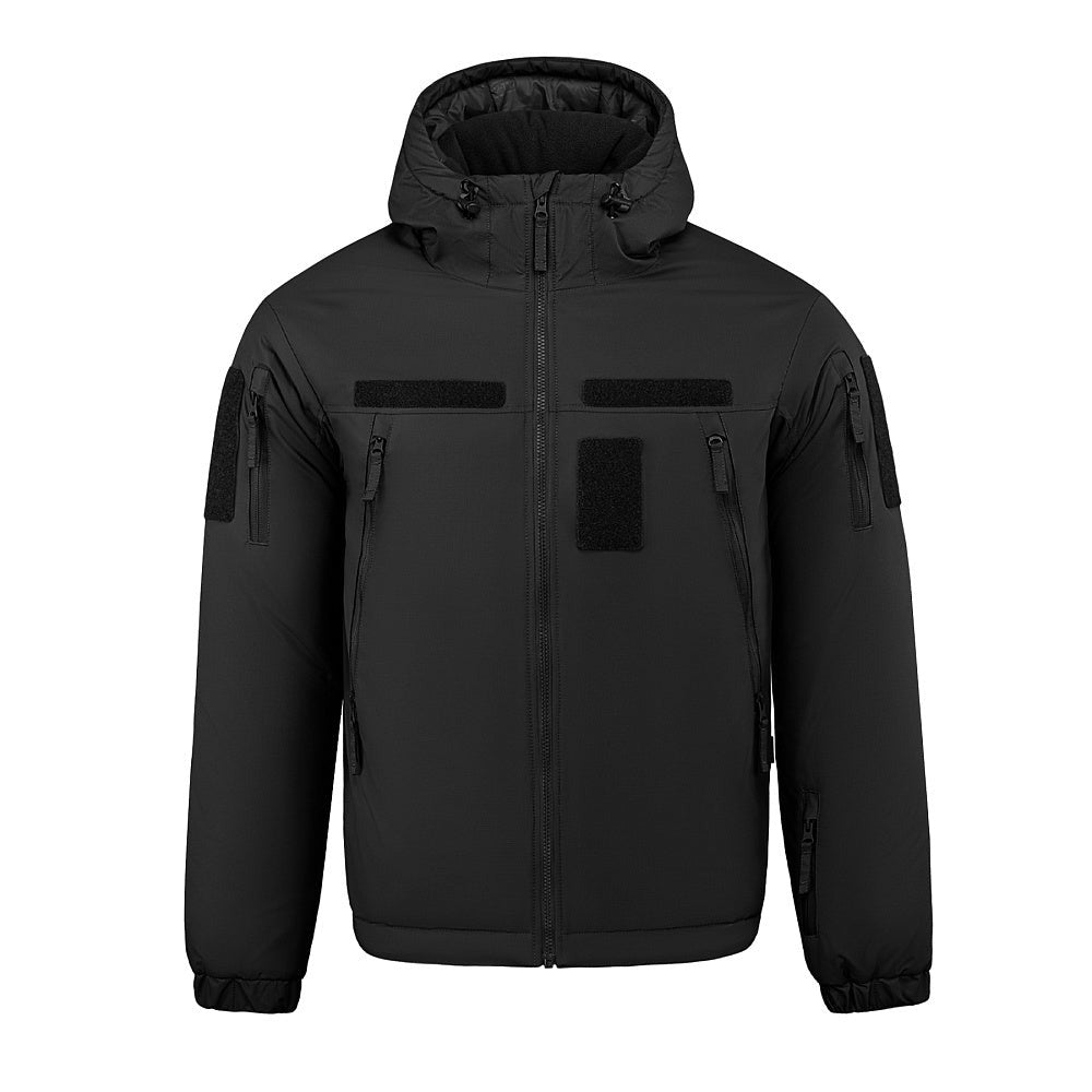 M-Tac Alpha Gen.IV Pro winter jacket showing a black insulated jacket with a high collar and zipper closure.