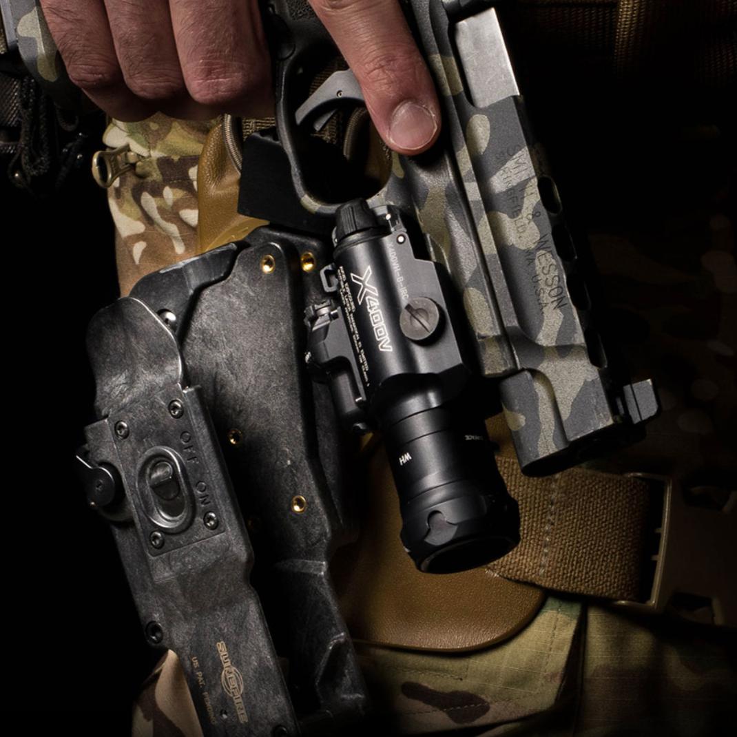 HCC Tactical X400VH Vampire weapon light with illumination and marking features, showcasing sleek design and mounting options.