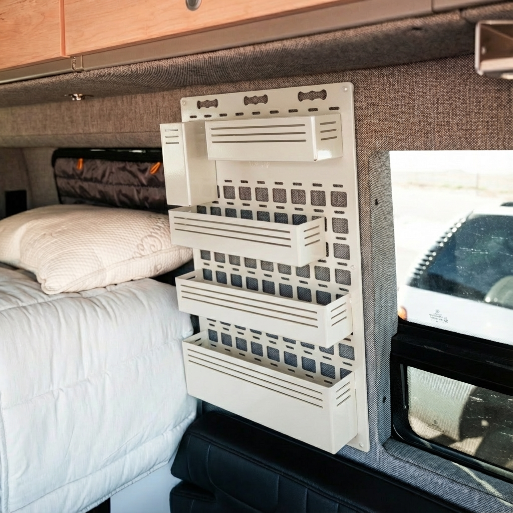 Canyon Adventure Vans CAV MOLLE Panel Shelf made in Utah, mounted on a van interior with hooks and storage options