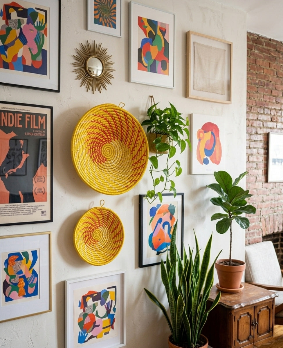 Large yellow woven African basket from Reflektion Design displayed as wall decor in a home gallery setting.