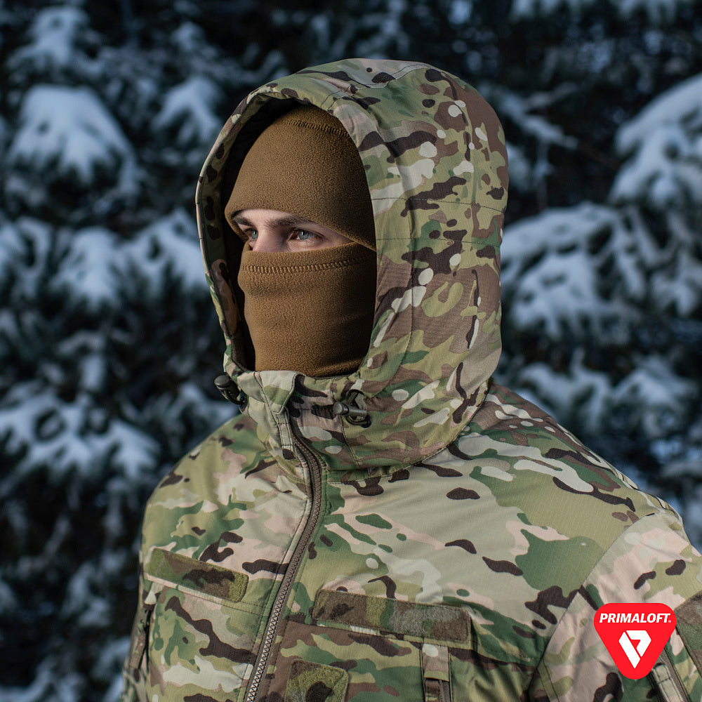 M-Tac Winter Jacket Alpha Gen.IV Pro Primaloft with hood, black color, front zipper, and multiple pockets for cold weather outdoor wear.