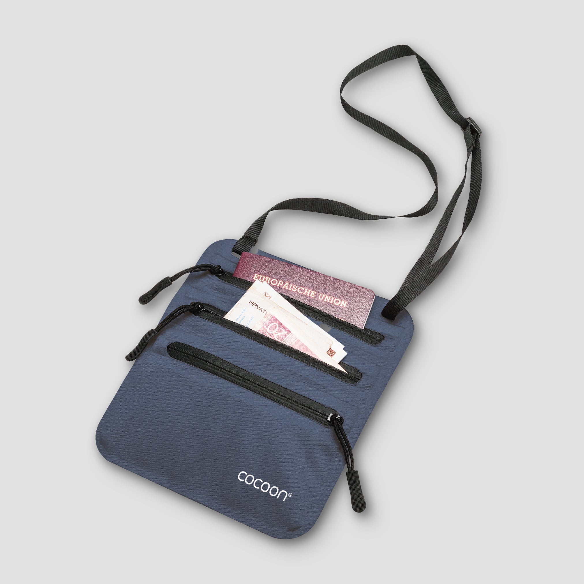 COCOON Secret Neck Wallet worn around the neck, featuring multiple compartments for secure storage of valuables and essentials.