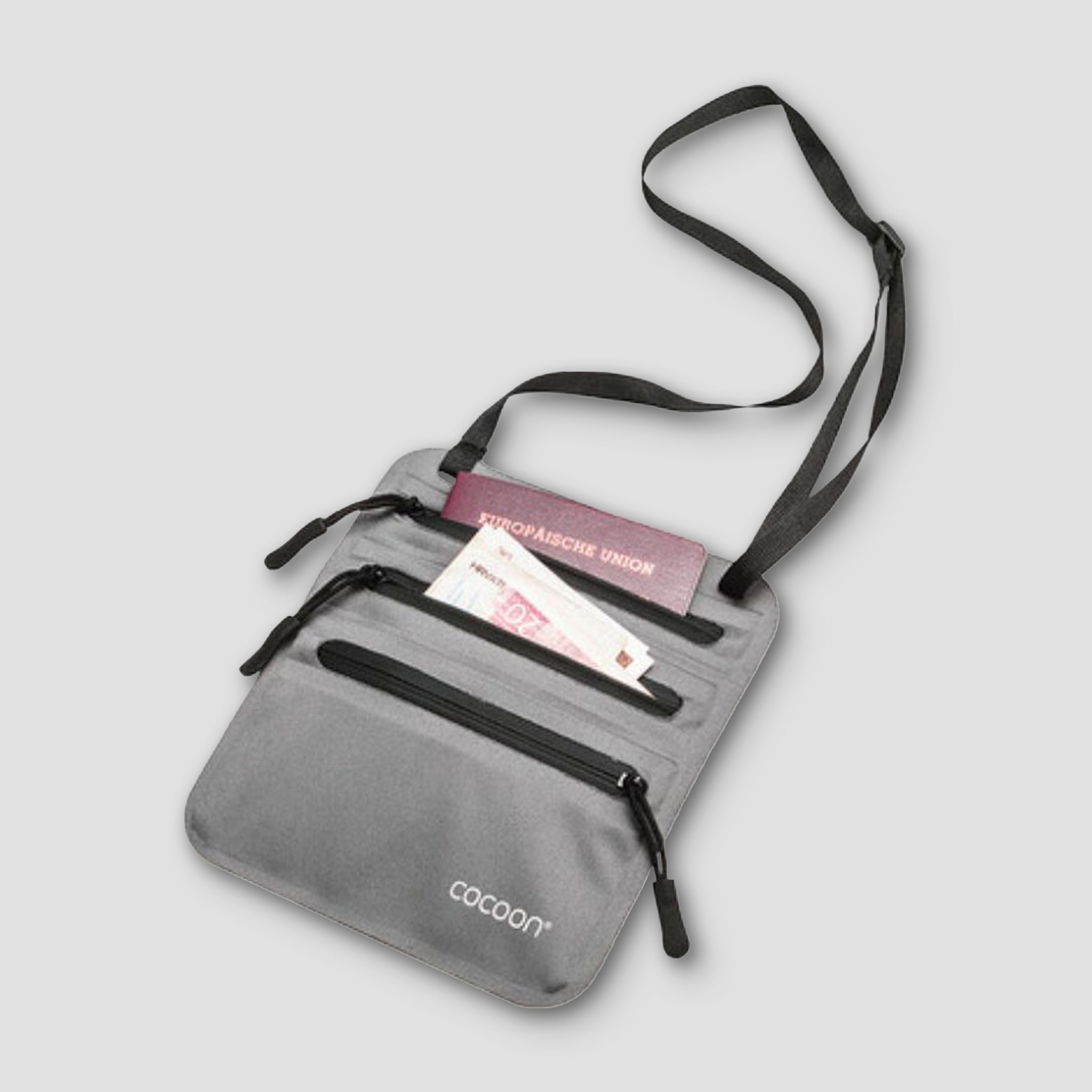 COCOON Secret Neck Wallet shown hanging around a person's neck, featuring multiple compartments for secure storage of valuables.
