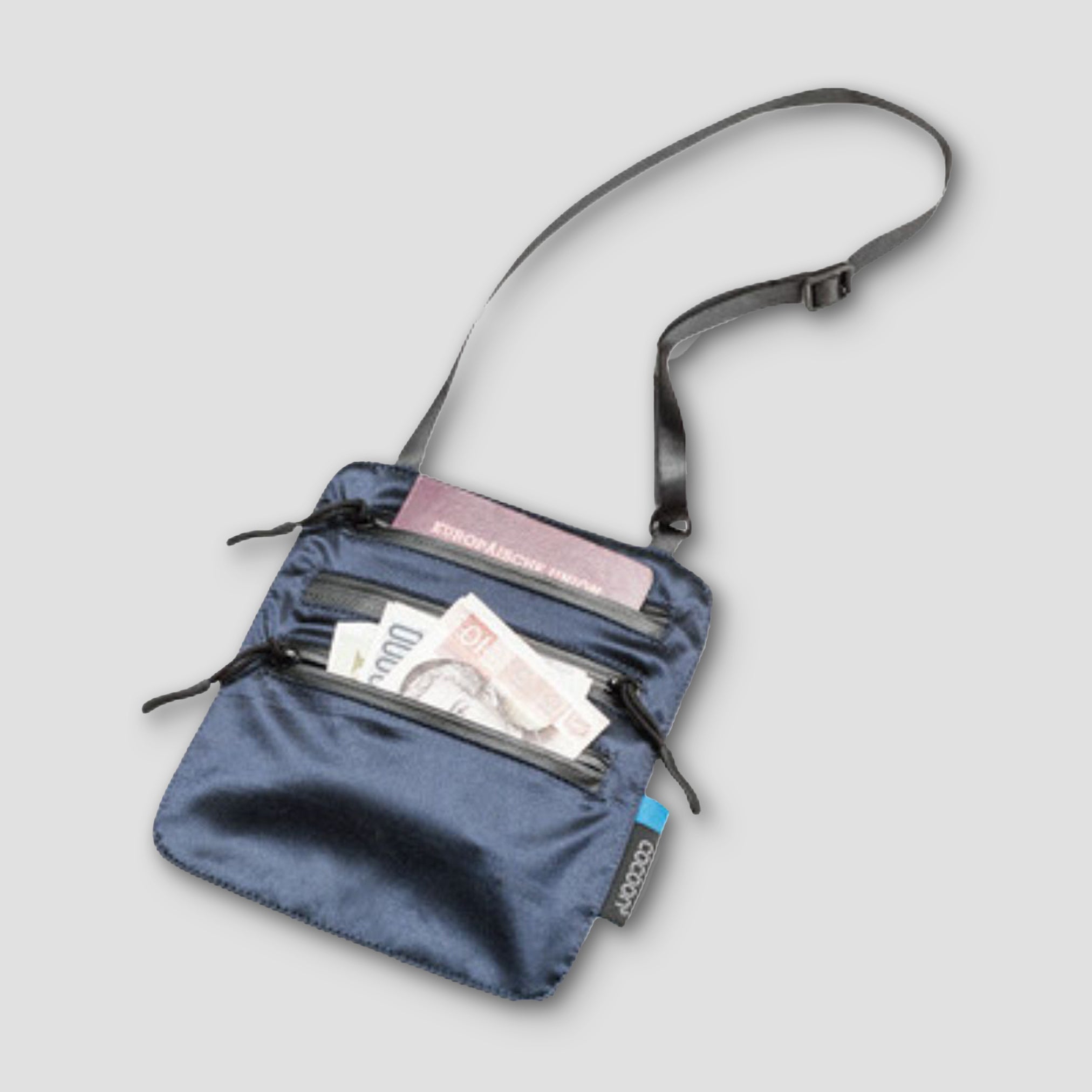Cocoon Secret Neck Wallet Monsoon Silk RFID with black fabric and adjustable strap, designed for secure travel and personal storage.