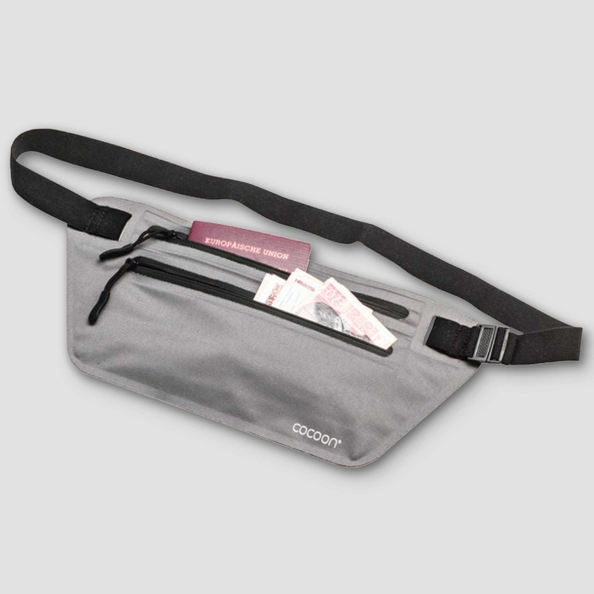 COCOON RFID secret waist wallet with secure compartments, black nylon design, designed for discreet personal storage and theft protection.