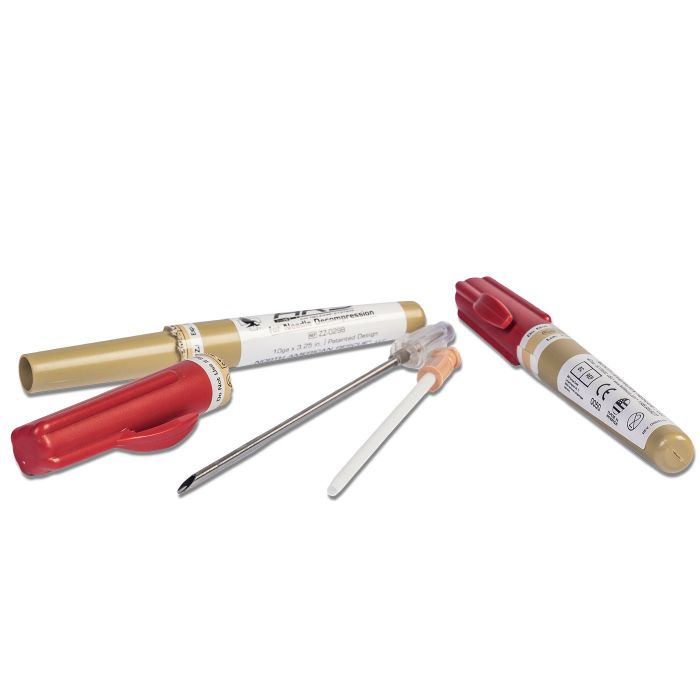 10 gauge needle decompression device for bleeding management, with a 3.25-inch needle, used for emergency medical procedures.